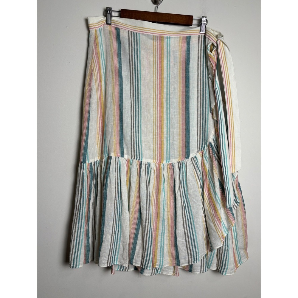 Chaps Womens Linen Blend Wrap Skirt XL Coastal Cottage Cowgirl Striped Ruffle